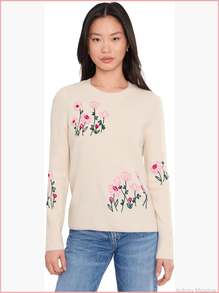 Flower Embroidery Long Sleeve Crew Neck Pullover Sweater